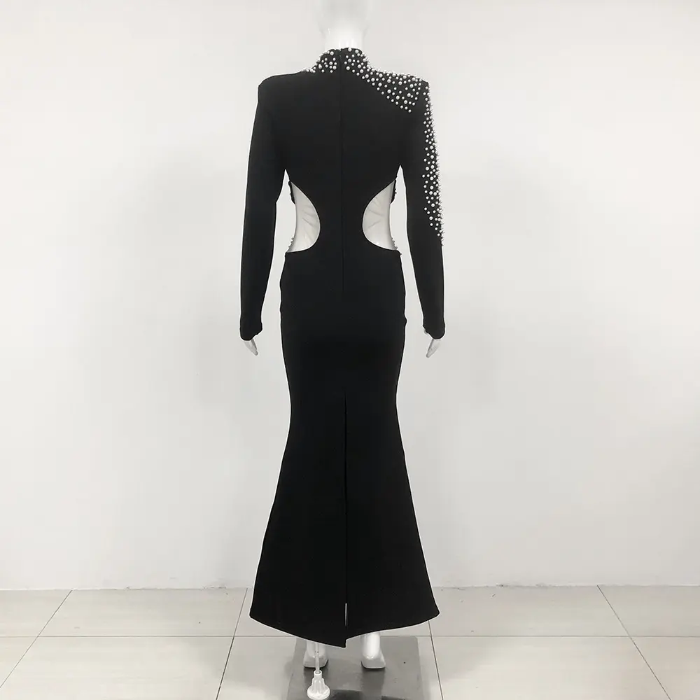 Pearl Embellished Black Evening Gown