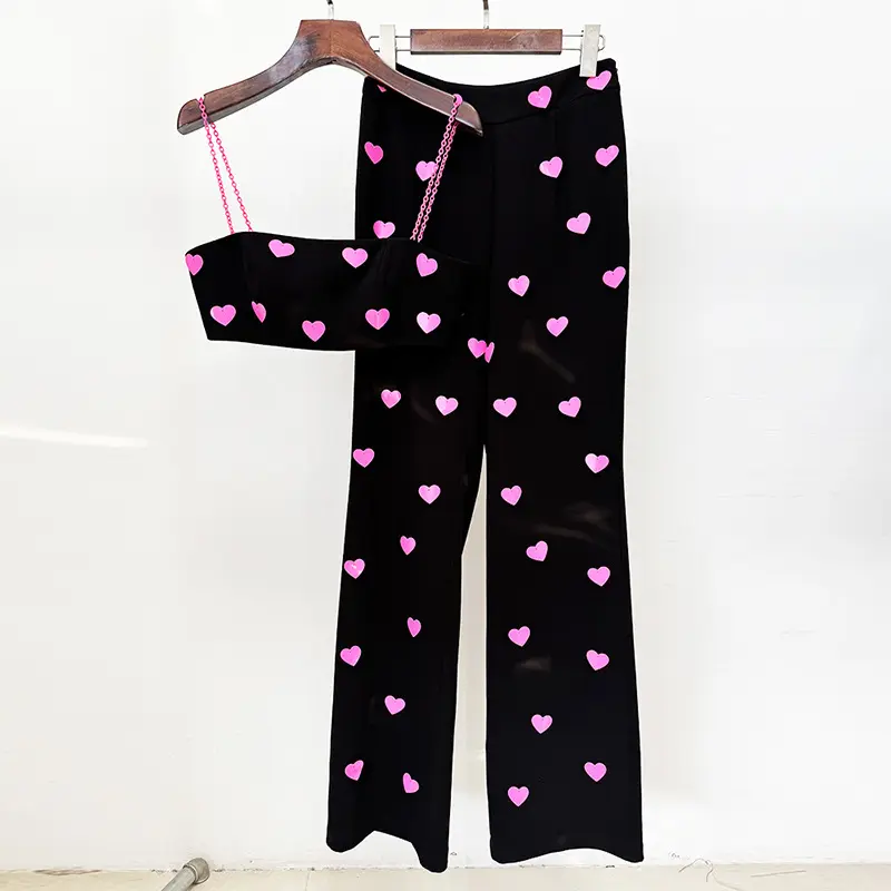 Heart Print Crop Top & Pants Set