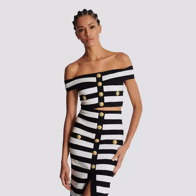 Striped Off-Shoulder Two-Piece Dress