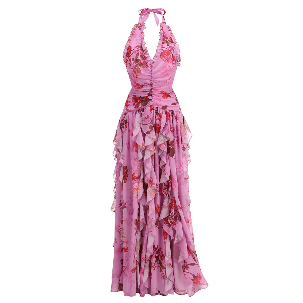 Floral Ruffle Halter Evening Gown