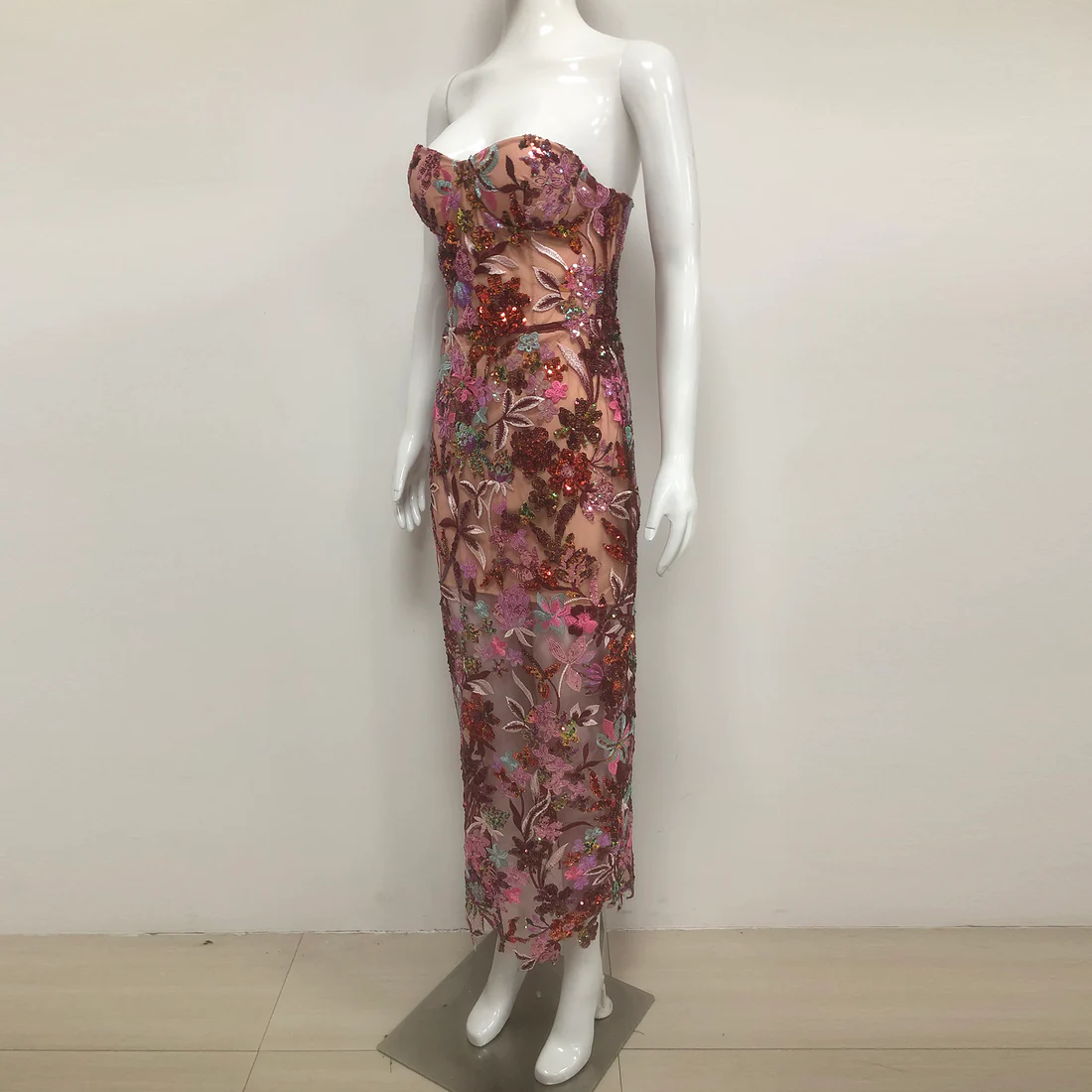 Strapless Floral Lace Evening Dress