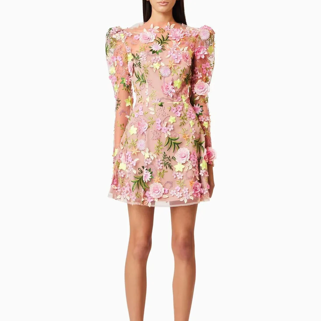 Long-sleeved Mesh Embroidered 3D Flower Dress