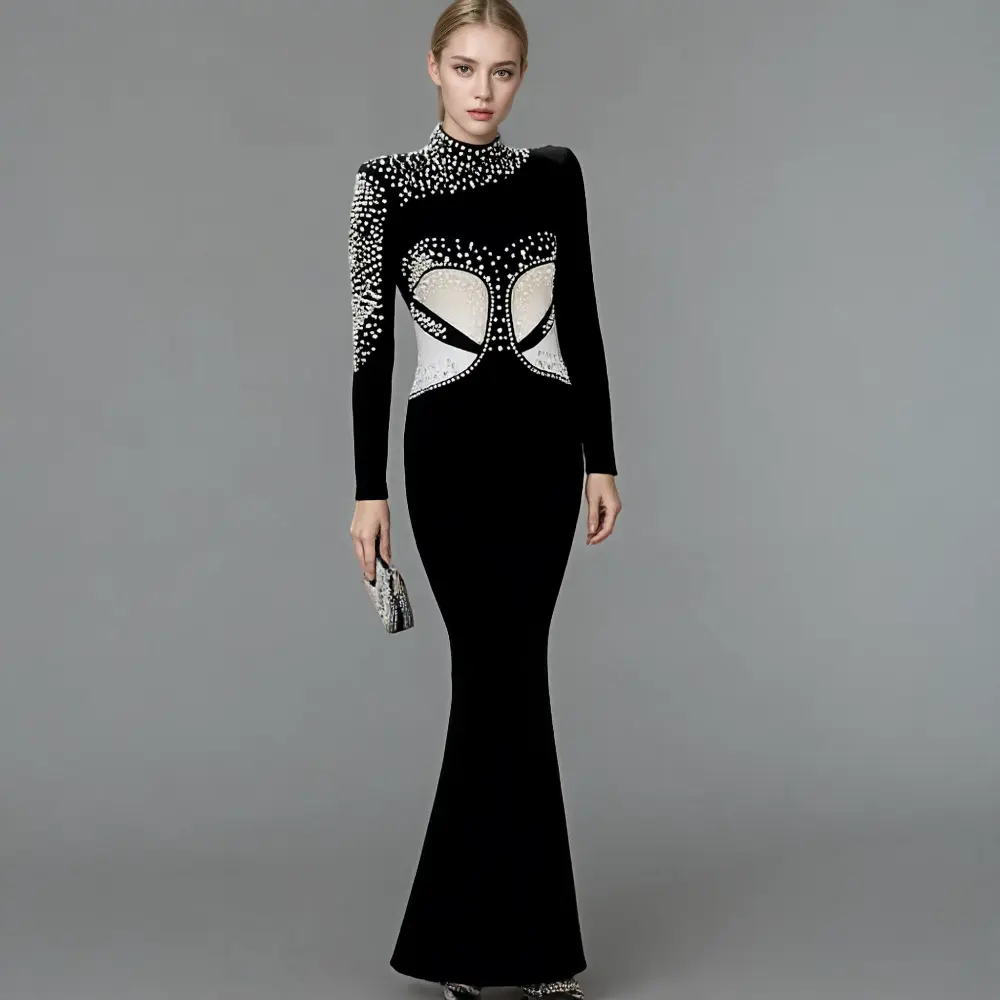 Pearl Embellished Black Evening Gown
