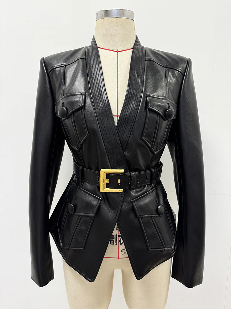 Black Leather Belted Blazer
