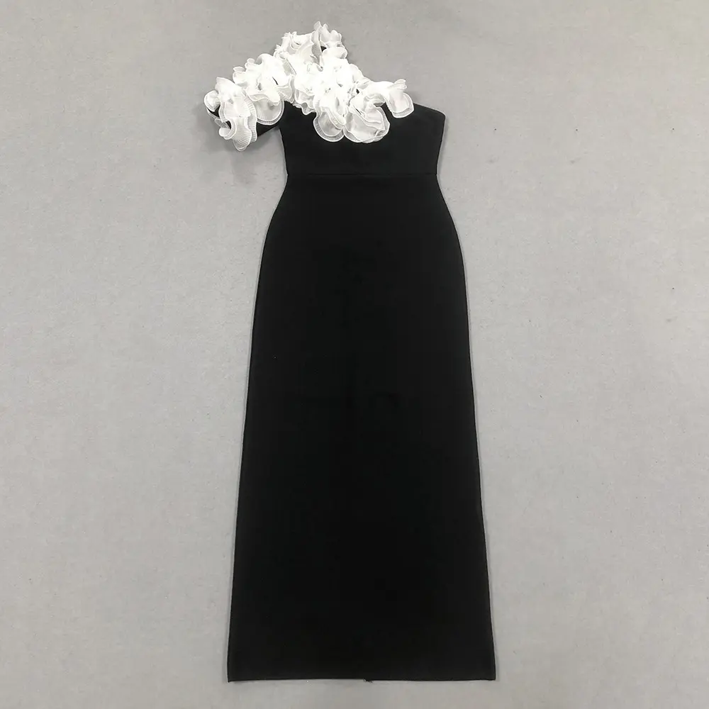 Black Midi Dress with Floral Shoulder