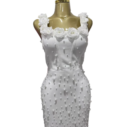 White Embellished Floral Midi Dress