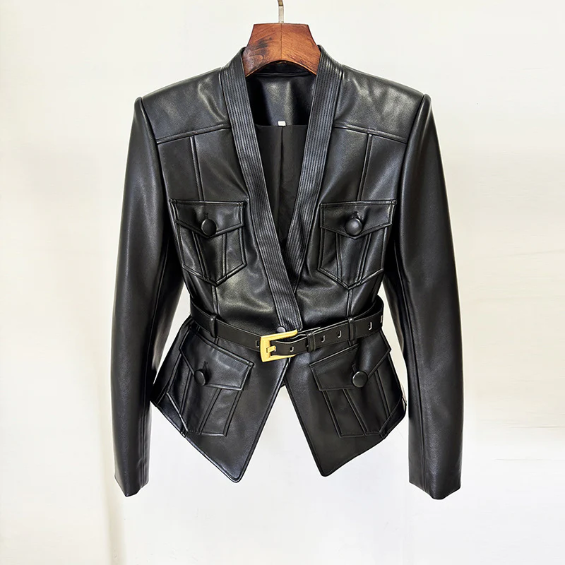 Black Leather Belted Blazer