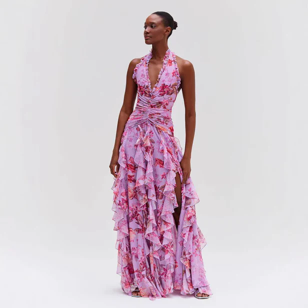 Floral Ruffle Halter Evening Gown