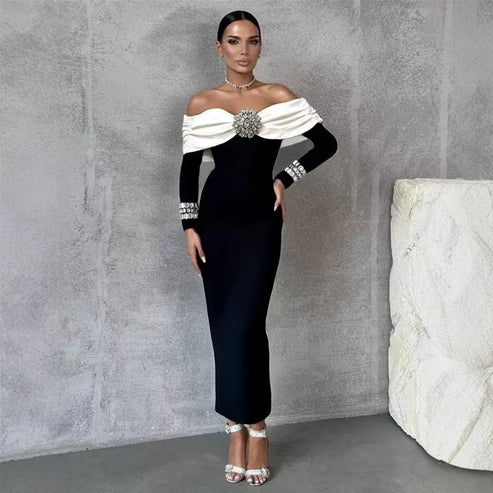 Elegant Off-Shoulder Black and White Evening Dress