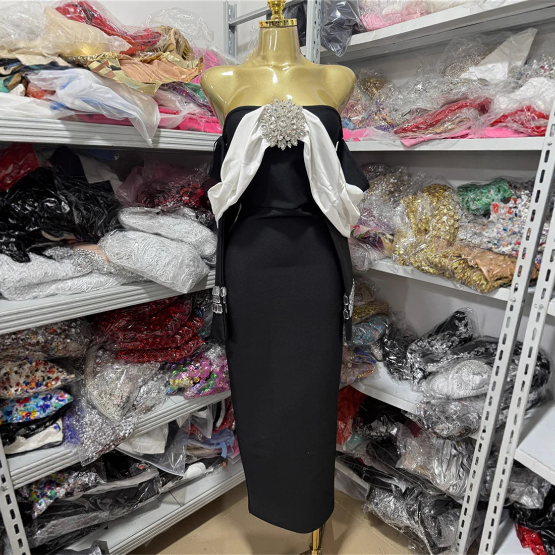 Elegant Off-Shoulder Black and White Evening Dress