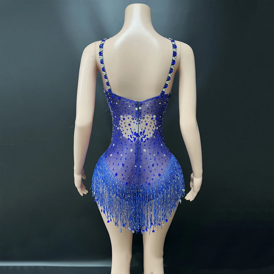Blue Rhinestone Fringe Dance Bodysuit