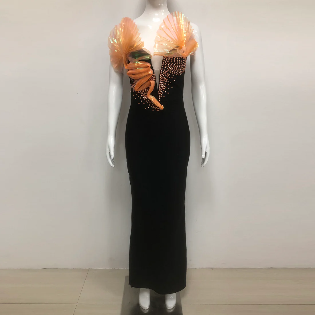 Elegant Evening Gown with 3D Floral Accents