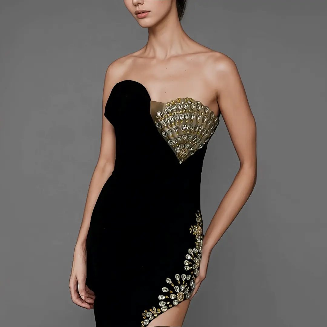 Embellished Black Asymmetric Dress