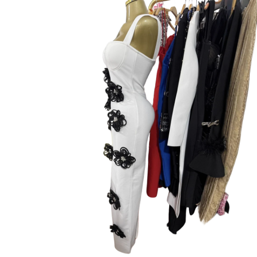 Elegant White Maxi Dress with Black Floral Appliqué