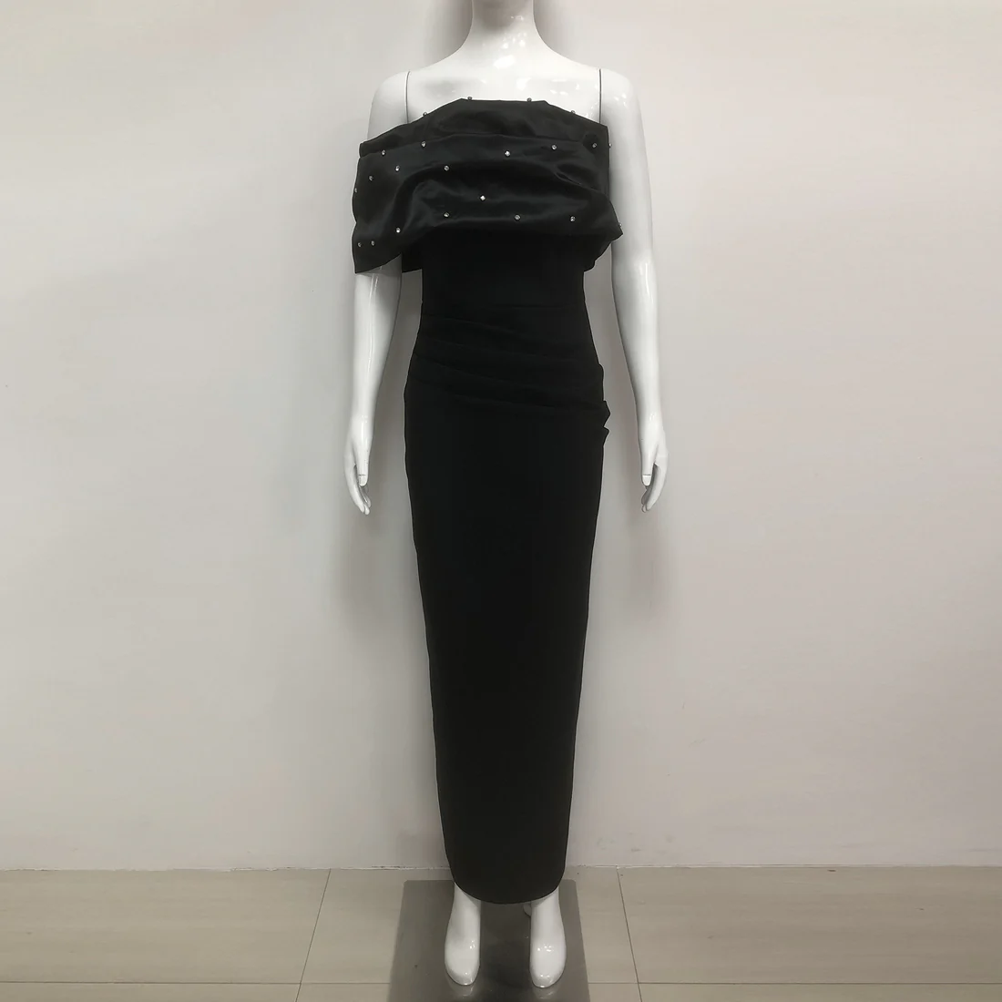 Elegant Pearl-Embellished Black Gown