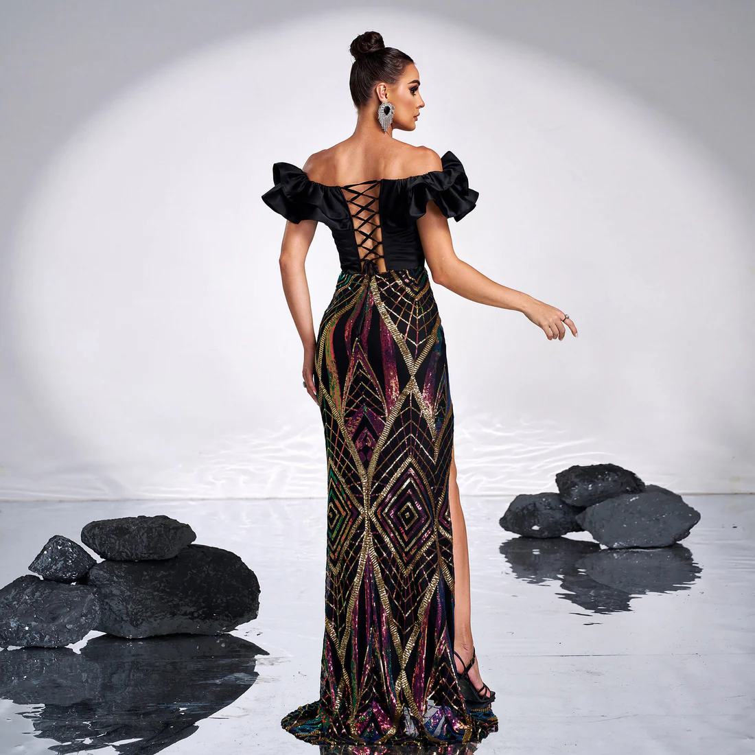 Black Off-Shoulder Sequin Evening Gown