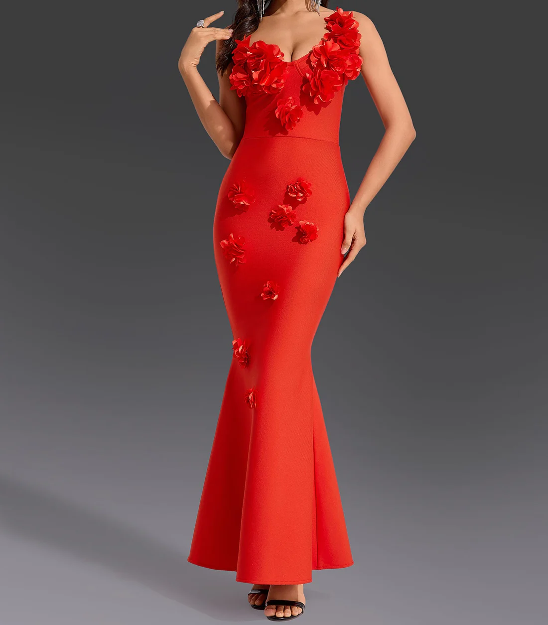 Elegant Red 3D Floral Gown