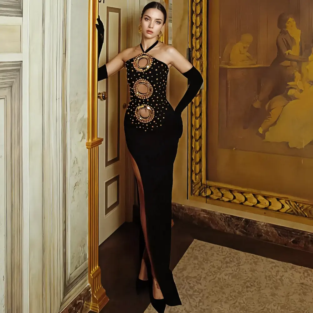 Embellished Black Halter Evening Gown