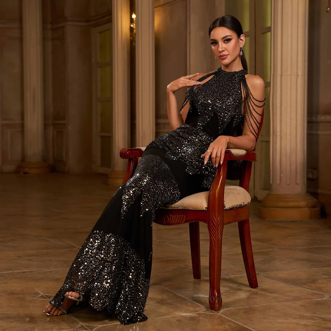 Black Sequin Evening Gown