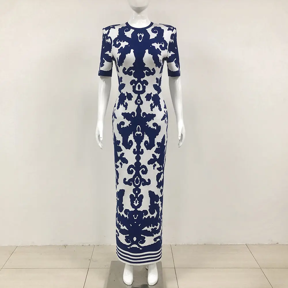 Navy & White Patterned Midi Dress