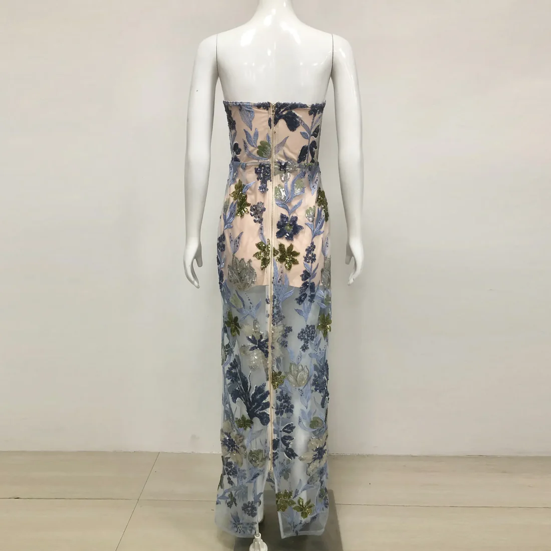Strapless Floral Embroidered Evening Gown