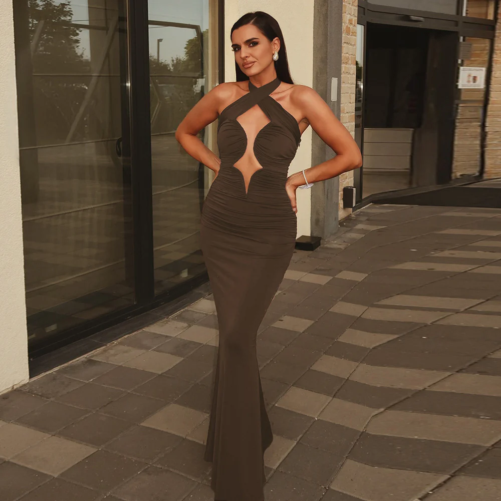 Coffee Brown Halter Cut-Out Maxi Dress
