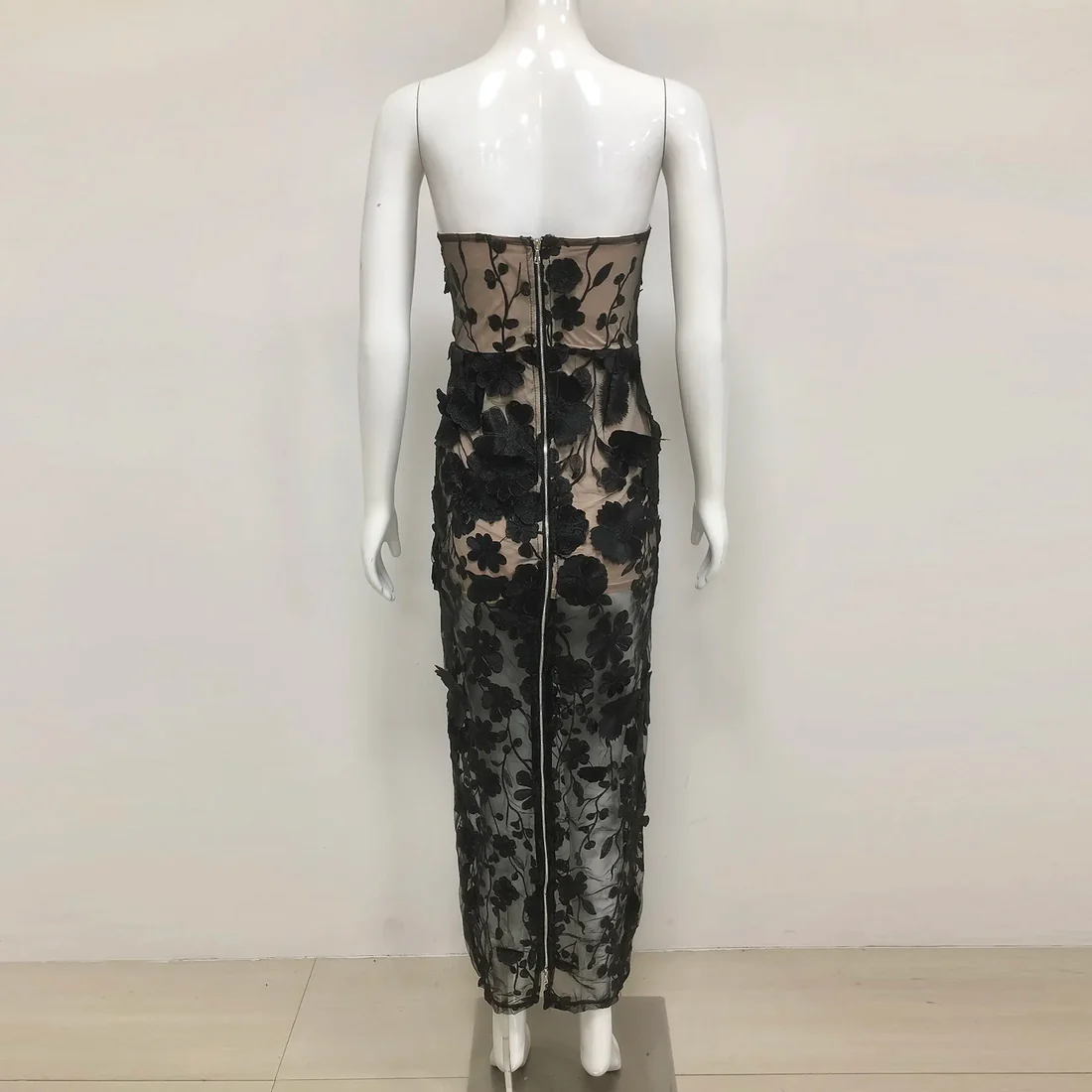 Strapless Black Lace Evening Gown