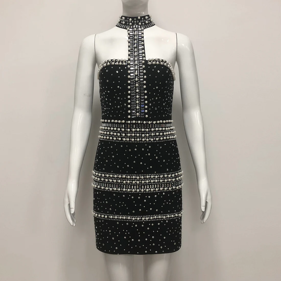 Pearl Embellished Rhinestone Pearl Bodycon Bandage Evening Club Dresses