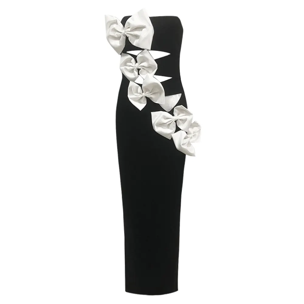 Black Strapless Bow Midi Dress