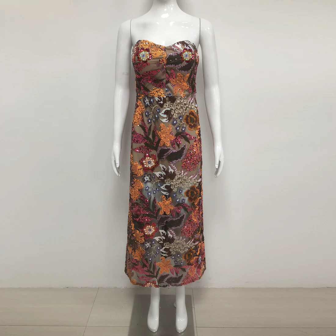 Floral Sequin Strapless Evening Gown