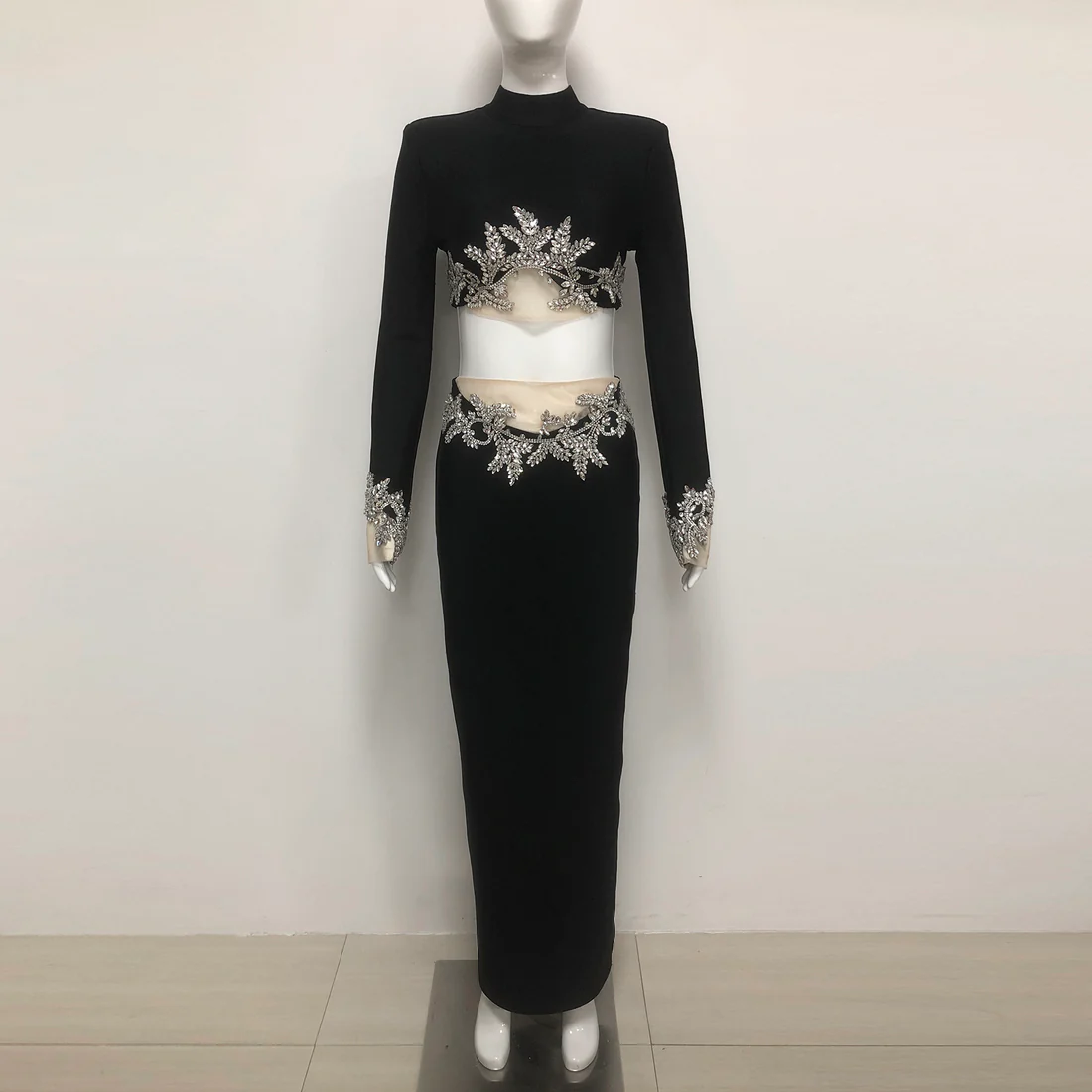 Embellished Black Velvet Evening Dress