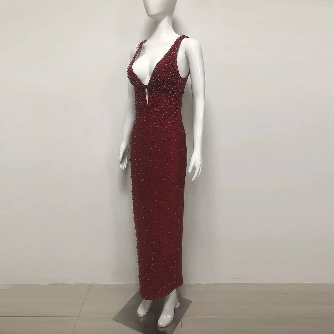 Elegant Burgundy Beaded Evening Dress