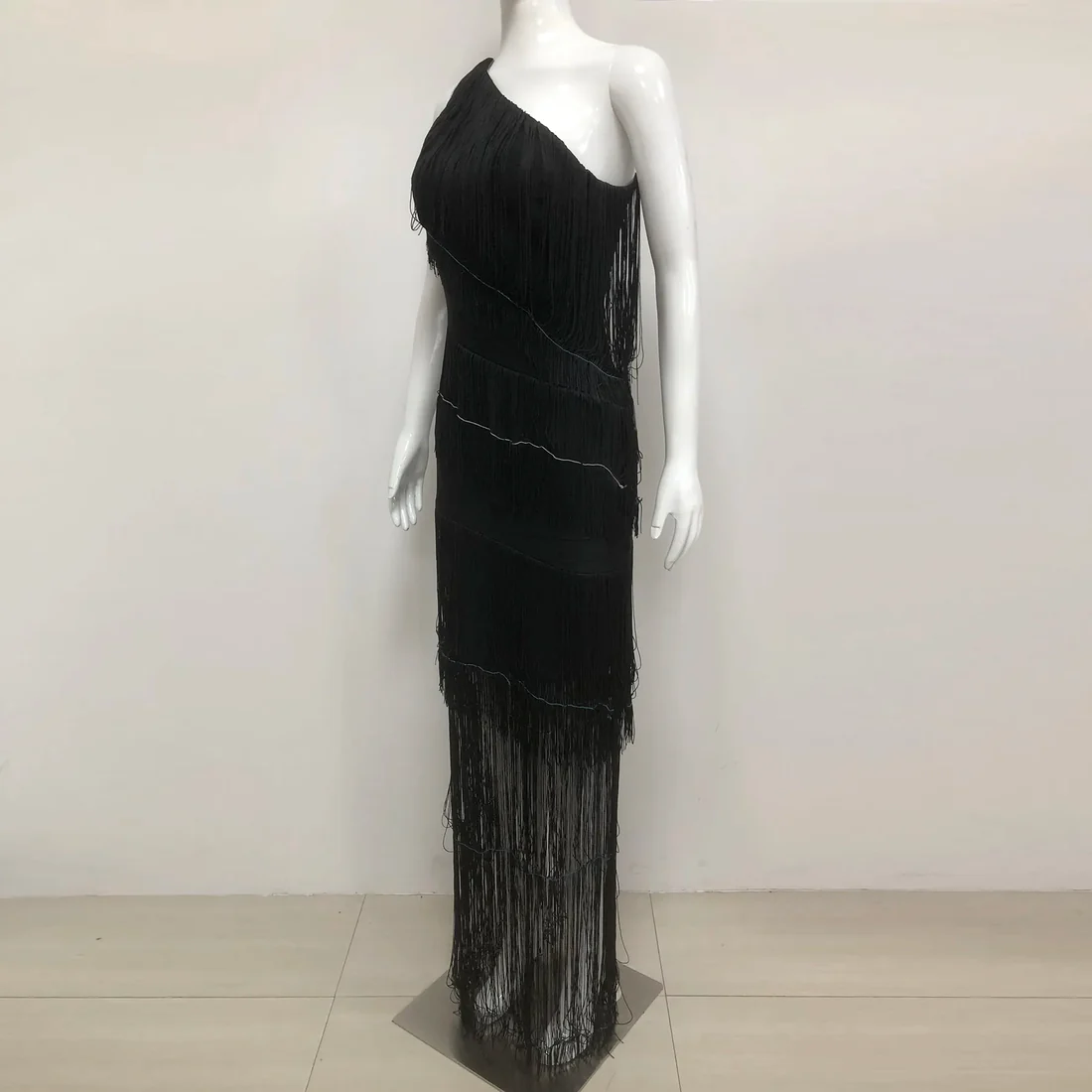 Black Fringe One Shoulder Dress