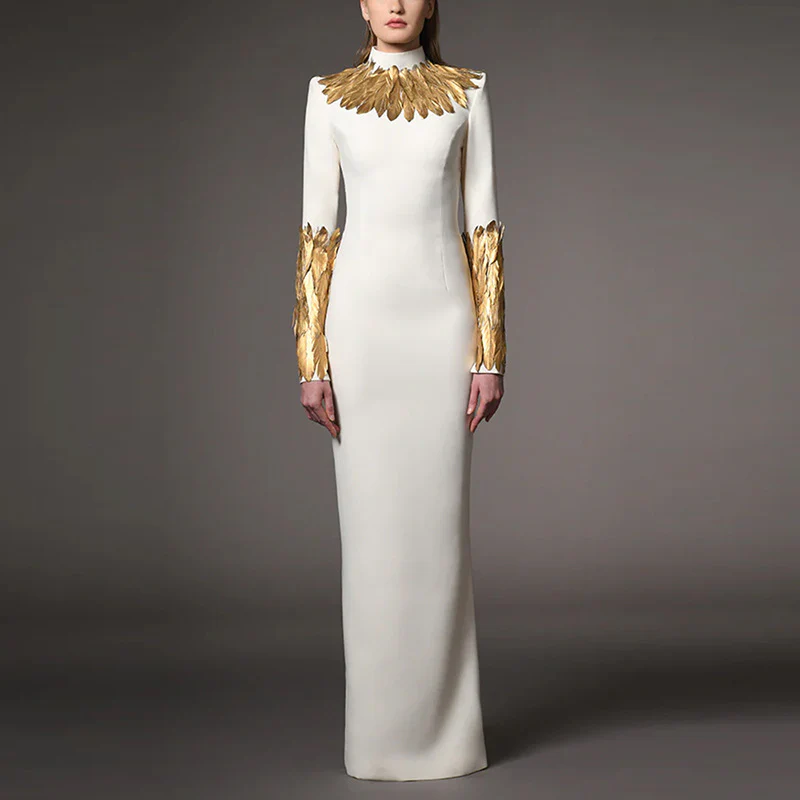Elegant White & Gold Feather Gown
