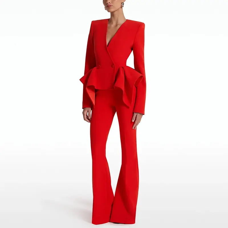 Red Ruffled-Blazer Pant Set