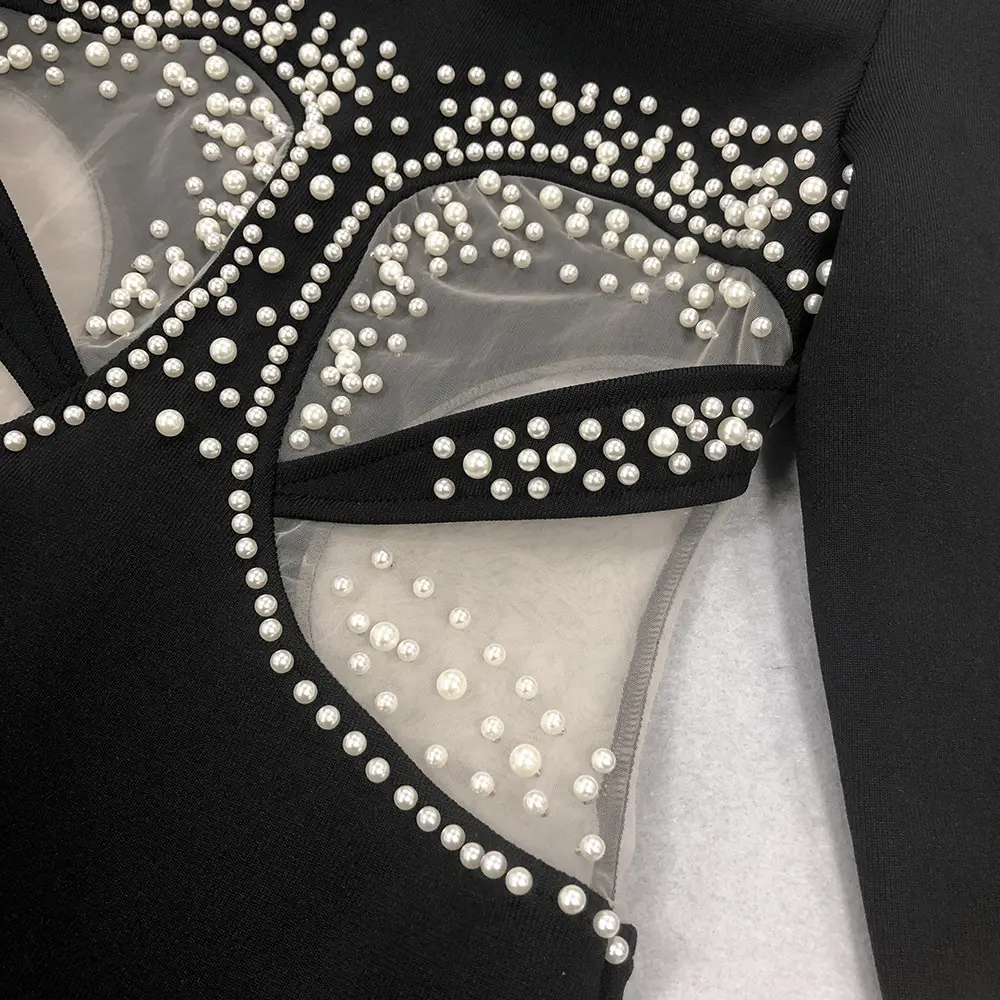 Pearl Embellished Black Evening Gown