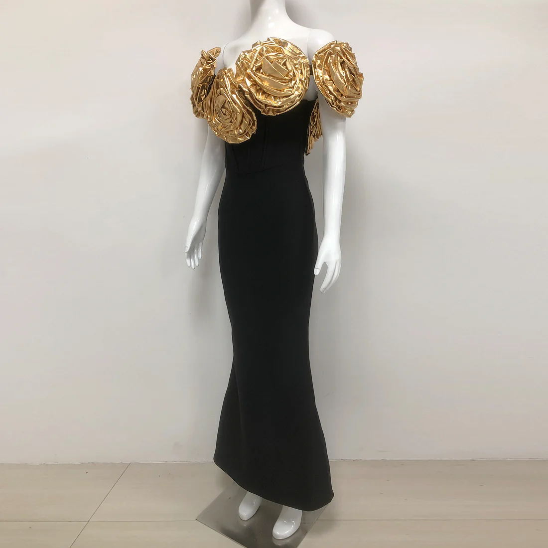 Black Evening Gown with Gold Floral Appliqué