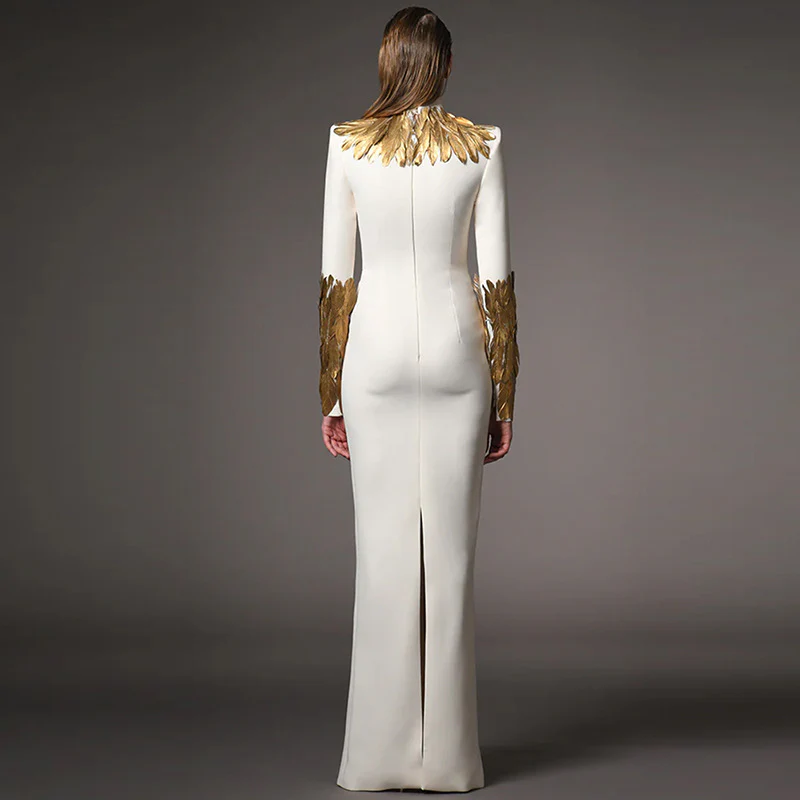 Elegant White & Gold Feather Gown