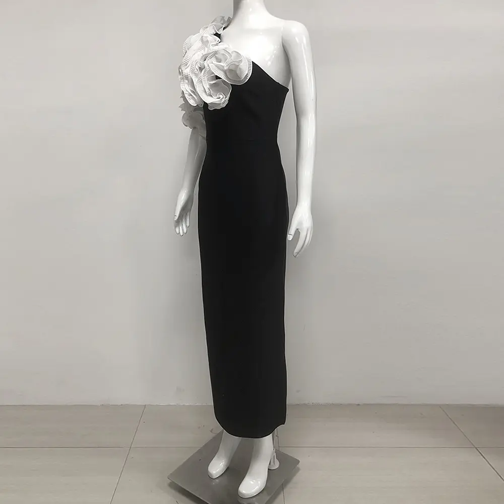 Black Midi Dress with Floral Shoulder