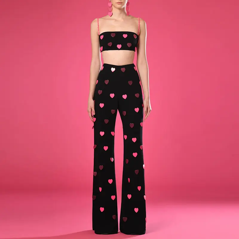 Heart Print Crop Top & Pants Set