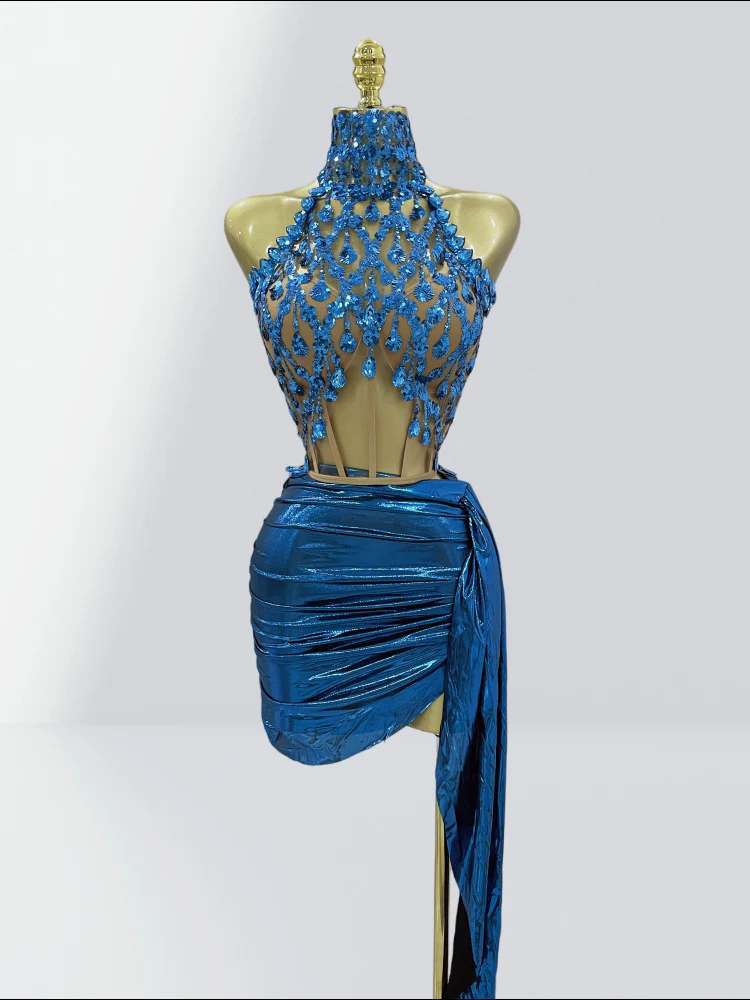 Blue Crystal Cut-Out Cocktail Dress