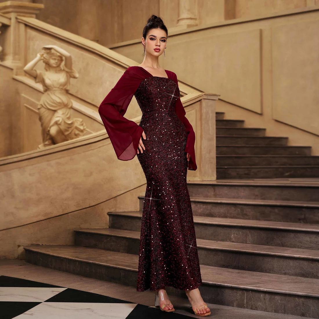 Luxury Burgundy Sequin Evening Gown