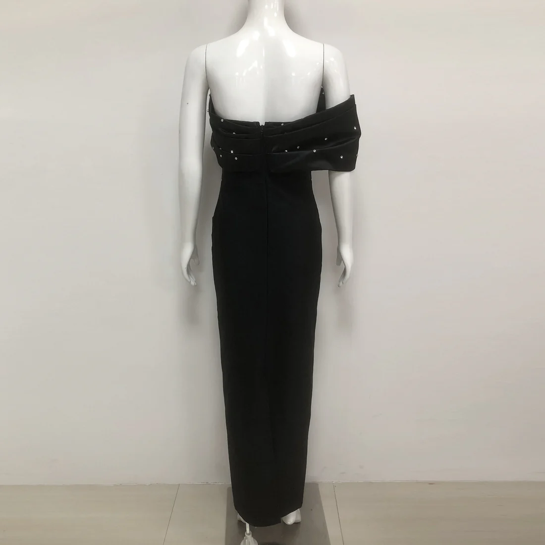 Elegant Pearl-Embellished Black Gown