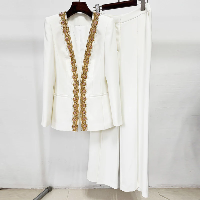 Elegant Formal Evening Wear White Long Sleeve Beaded Gold Trim Blazer Wide Leg Pant Two Piece Set Suits for Women