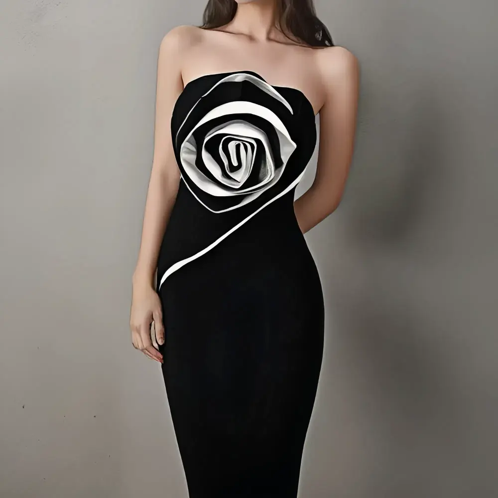 Black Rose Strapless Evening Dress