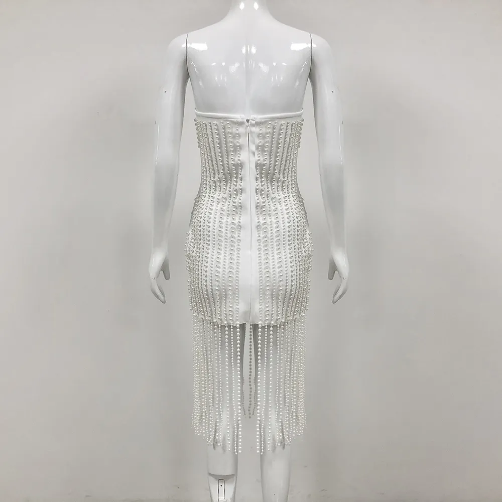 White Pearl Beaded Fringe Dress