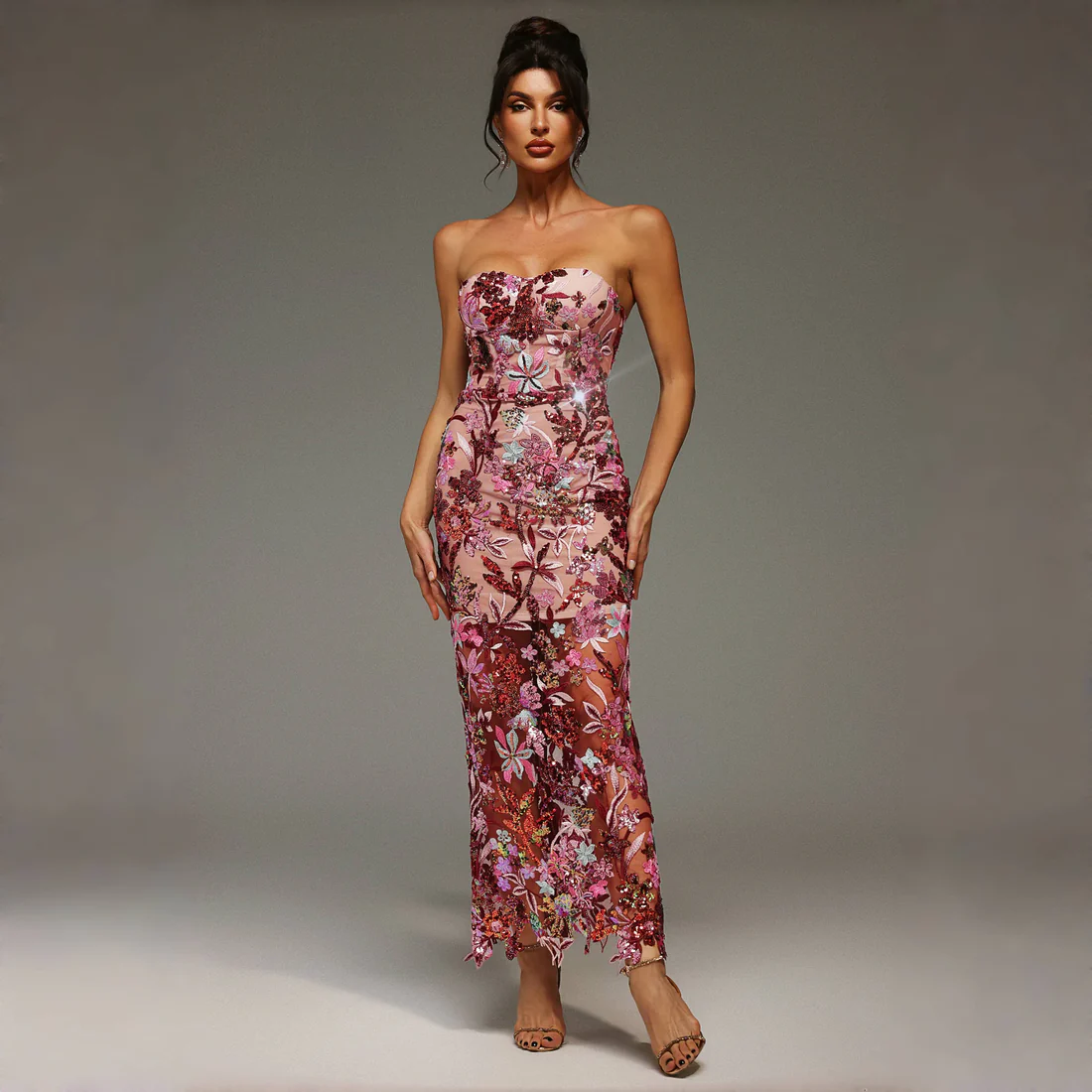 Strapless Floral Lace Evening Dress