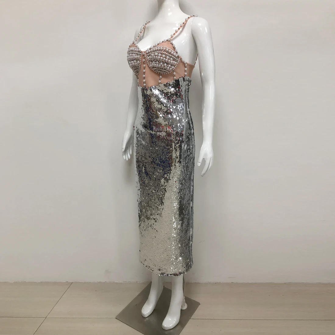 Sequin Pearl-Strap Maxi Dress