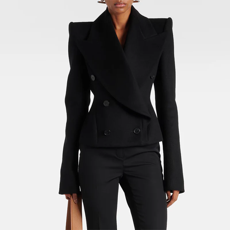 Women's Black Double-Breasted Blazer Black Wool Jacket 