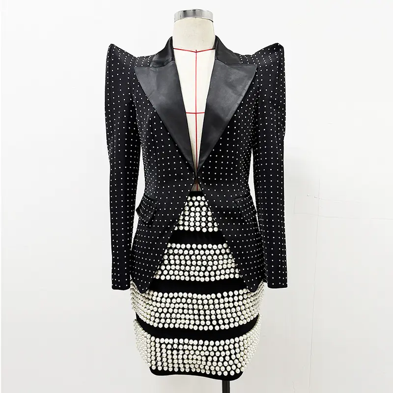 Studded Black Blazer and Metallic Mini Skirt Set